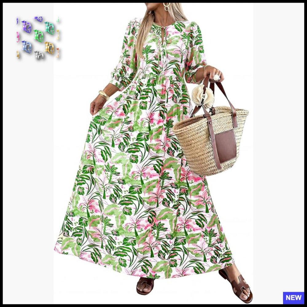 Boho Floral Maxi Dress 3/4 Sleeve Loose Fit Flowy Beach Wedding Guest